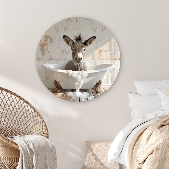 WallCircle® Wandcirkel 90x90 cm - Muurcirkel Ezel - Dieren - Badkuip - Schuim - Humor - Badkamer - Muurdecoratie woonkamer - Wanddecoratie slaapkamer - Kamer decoratie accessoires - Ronde schilderijen - Woonaccessoires binnen cirkel
