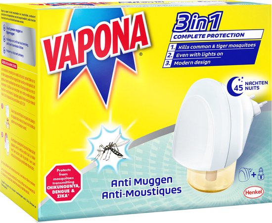 Gele verpakking met Vapona logo, stekker en afbeelding van een mug. Biedt '3in1 Complete Protection'.