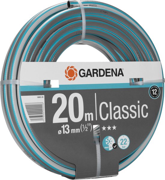 GARDENA Classic tuinslang, 20 meter, 13 mm doorsnee, grijs met blauwe strepen, 12 jaar garantie.