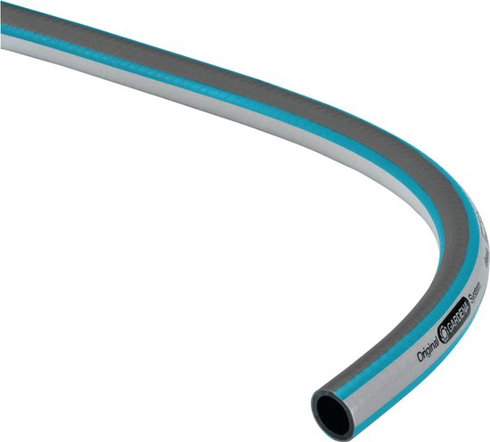 GARDENA Classic tuinslang, grijze buitenlaag met blauwe strepen.