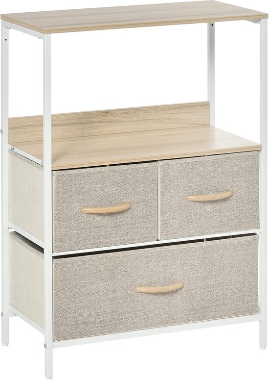 Foto: Commode opbergkast met 3 laden stof rek en bovenste plank kleine bijzetkast 58 x 29 x 81 5 cm naturel en metaal wit