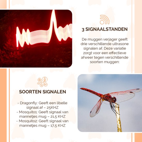 Rode libel tegen een blauwe hemel. Een diagram toont 'Soorten Signalen' met de tekst 'Dragonfly', 'Mosquito1', 'Mosquito2' en frequenties.