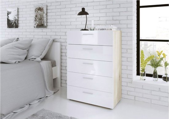 Petra kommode 5 lades eiken decor en wit hoogglans.