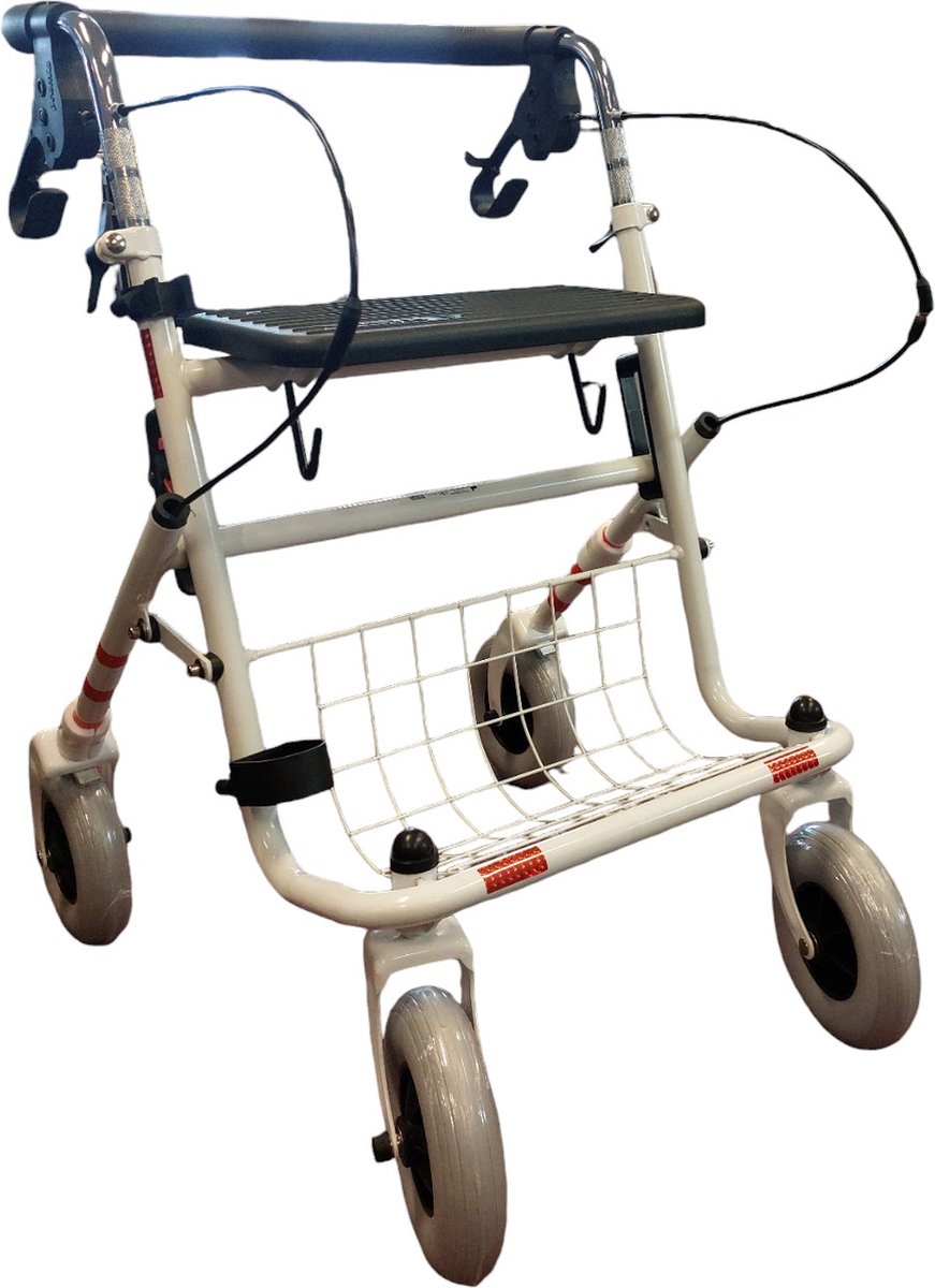 Goedkoopste Premis Provo Rollator 2e generatie - Duwstang met beugel-loop-rem onder - Incl mand, stokhouder en dienblad - Wit met rode biezen