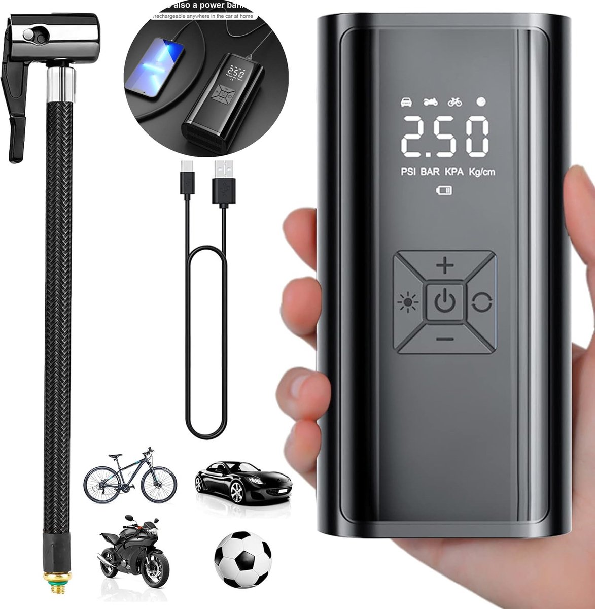 NatuurGenoot® Elektrische Fietspomp-Draagbare Luchtcompressor-6000 mAh Batterij-Powerbank functie-Zaklamp-Draadloos- Fiets/Auto/Motor/Bal/Luchtbed-Zwart