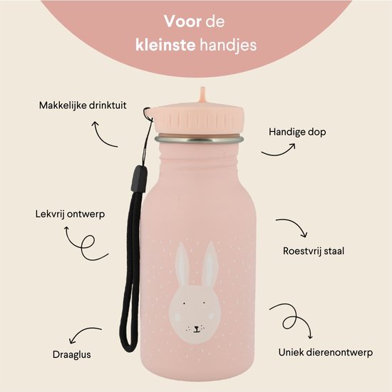 Trixie Drinkfles - Mrs. Rabbit - RVS Waterfles voor kinderen - 350ml - Lekvrije Fles - Roze