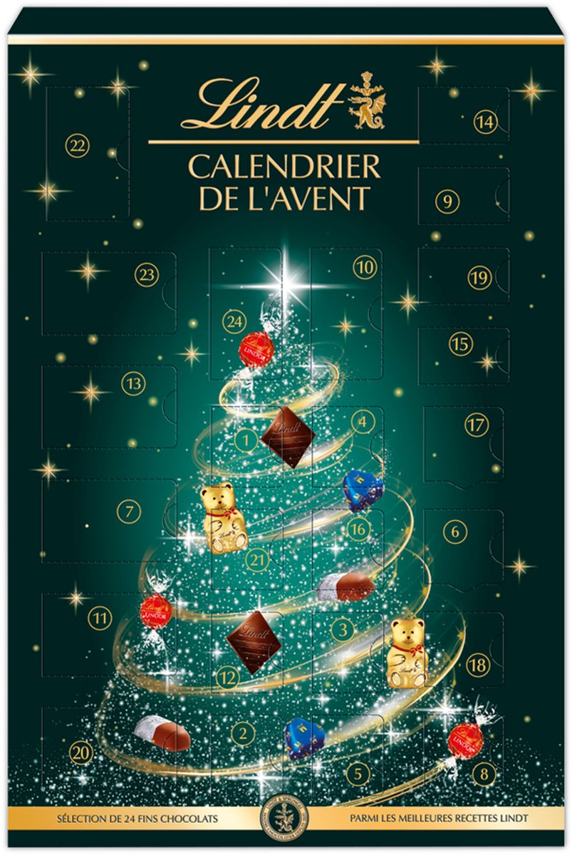 Lindt Chocolade Adventskalender Kerstboom 221 gram - 24 premium gemengde chocolade - Aftellen tot Kerst samen met Lindt chocolade - Pure chocolade, Melkchocolde & Witte Chocolade