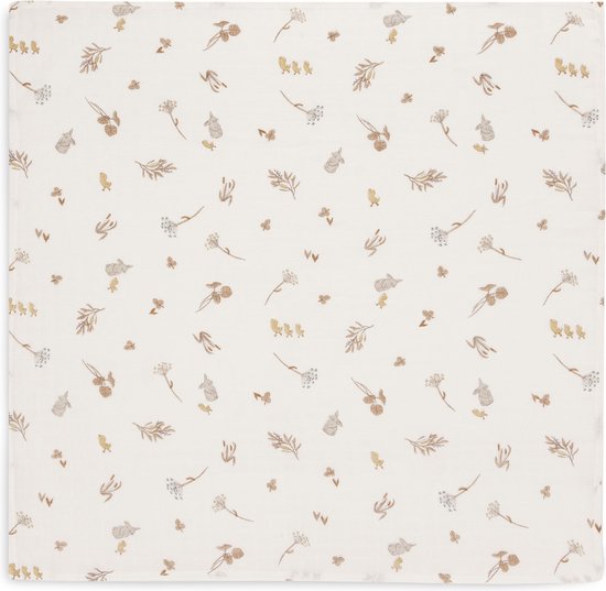 Witte hydrofiele doek met bruine print van konijnen, kuikens, bloemen en takjes.