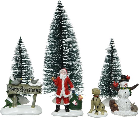 7x stuks kerstdorp accessoires figuurtjes/poppetjes en kerstboompje - Kerstdorp onderdelen kerstversiering