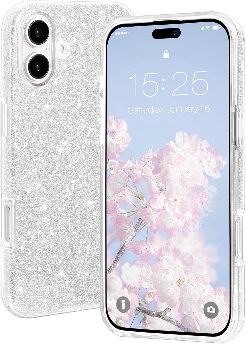 Casemania Hoesje Geschikt voor Apple iPhone 16 Plus - Zilver - Glitter Back Cover