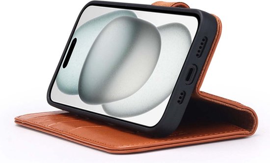 Coque pour iPhone 15 - Bookcase portefeuille de Luxe MobyDefend - Marron clair - Étui pour téléphone portable - Étui de téléphone adapté pour iPhone 15