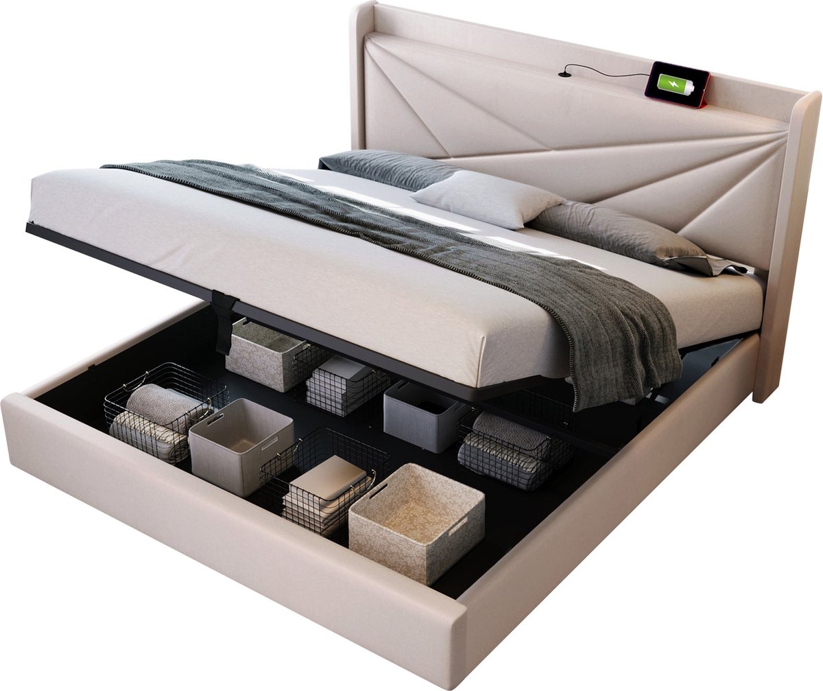 Merax Gestoffeerd Opbergbed 140x200 cm met Verstelbaar Hoofdbord en Hydraulisch Opbergruimte – Beige – Tweepersoonsbed met USB en Type C Oplaadfunctie