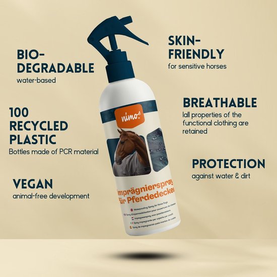 nimo® spray imprégnant pour couvertures pour chevaux • mastic pour protéger contre l'humidité et la saleté