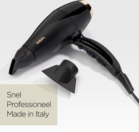 Zwarte BaByliss föhn met gouden accenten, een zwarte blaasmond en de tekst 'Snel Professioneel Made in Italy'.