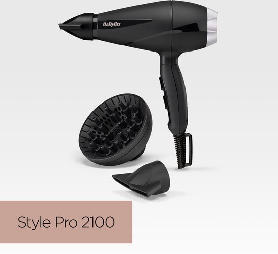 Zwarte BaByliss Style Pro 2100 haardroger met diffuser en smal mondstuk.
