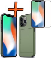 Hoesje Geschikt voor iPhone 11 Pro Max Hoesje Pasjeshouder Shockproof Hard Case Met Screenprotector - Hoesje Geschikt voor iPhone 11 Pro Max Hoes Met Kaarthouder - Donkergroen
