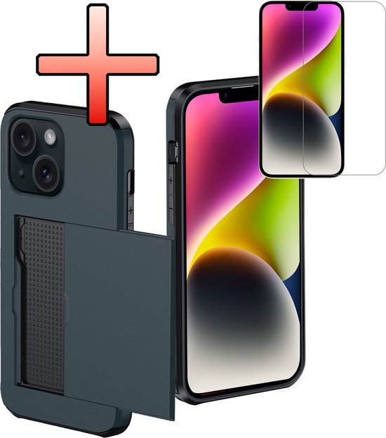 Coque adaptée pour iPhone 14 avec porte-cartes, coque rigide avec protecteur d'écran, résistante aux chocs, coque rigide avec porte-cartes – Bleu foncé