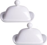 2x Witte botervloot van porselein met deksel 13,5 x 19 cm - Boterkuipje - Botervloten