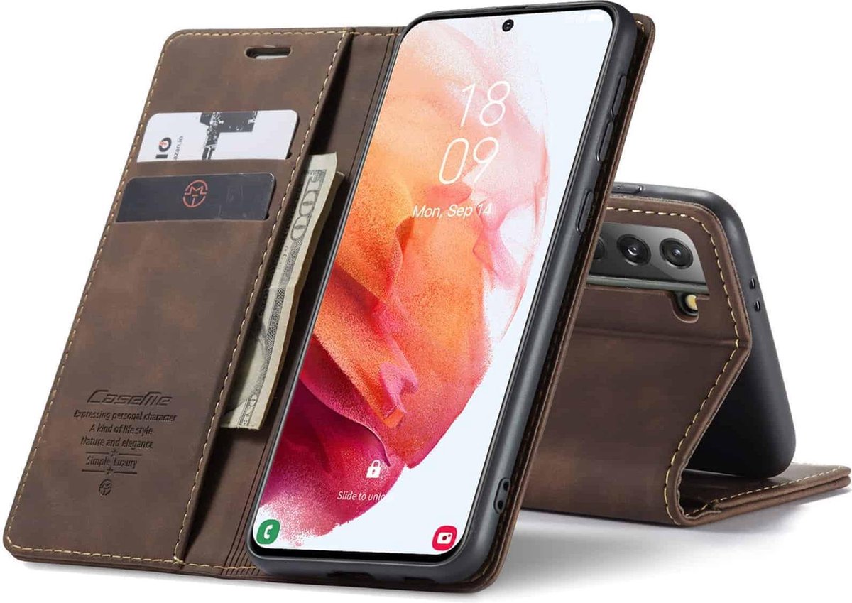 CaseMe Retro boekmodel hoesje Geschikt Voor Samsung S21 Plus Donkerbruin