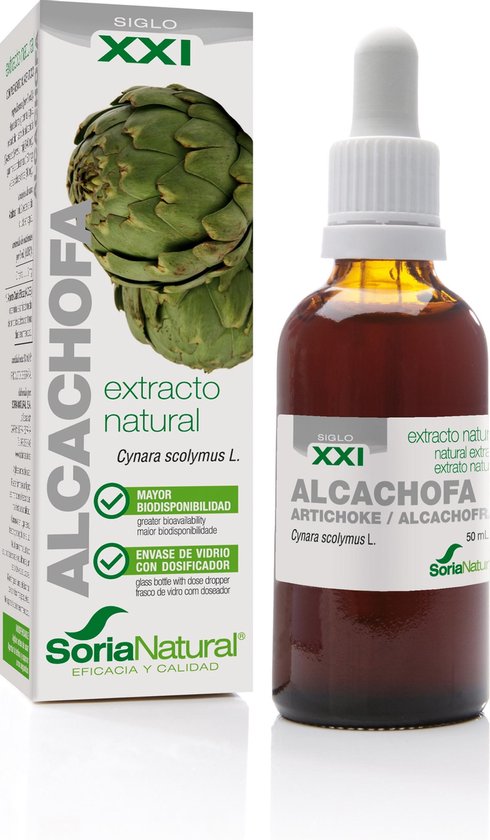 Flesje met druppelaar en doosje. Artiskok extract, 50ml. Grafische weergave van een artisjok.