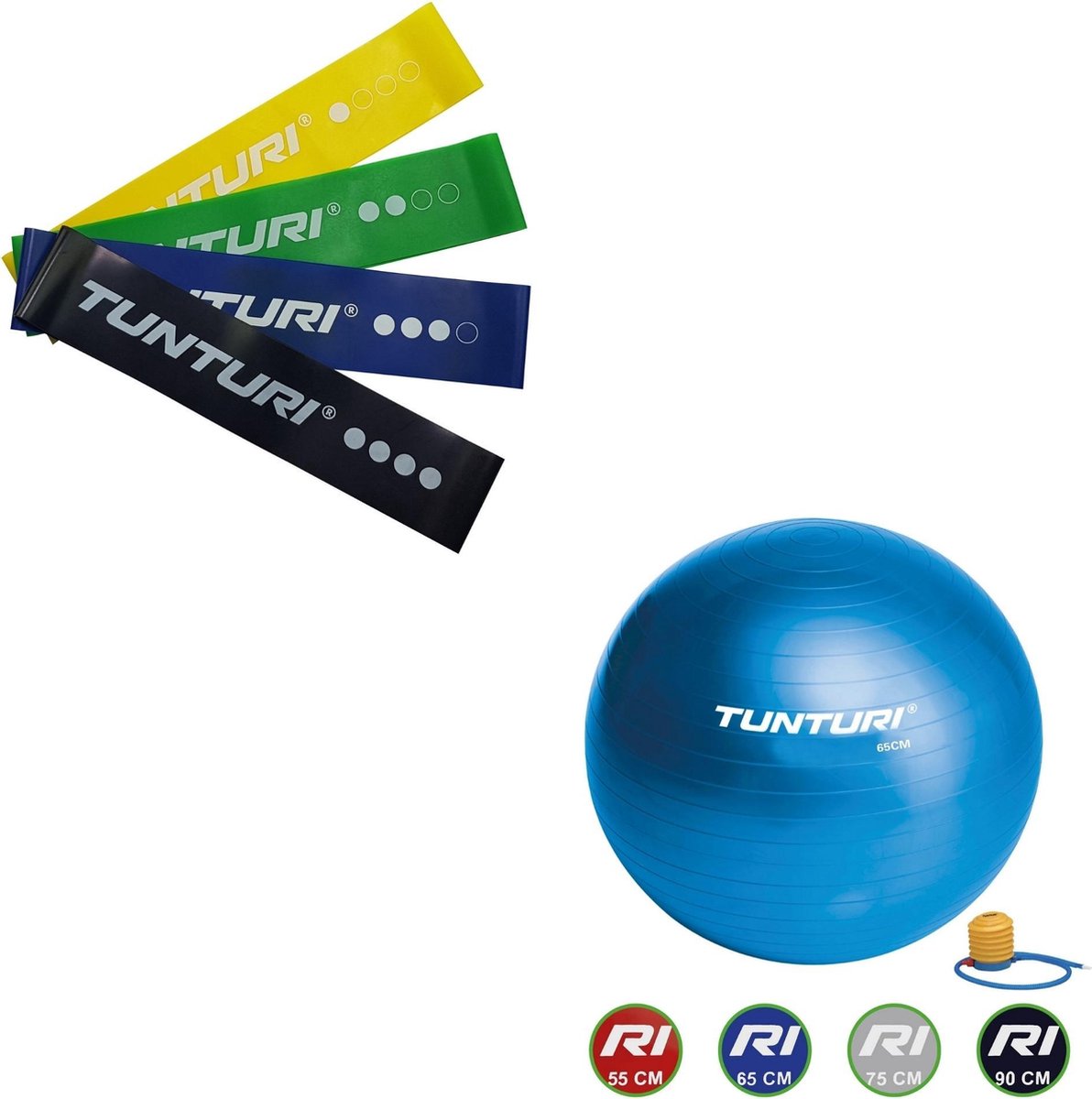 Tunturi - Fitness Set - Weerstandsbanden 4 stuks - Gymball Blauw 65 cm