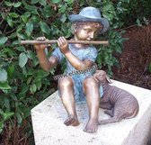 Beeld brons - Tuinbeeld - Fluitspeler met lam - 38 cm hoog - Bronzartes