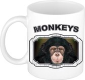 Dieren leuke chimpansee beker - monkeys/ apen mok wit 300 ml