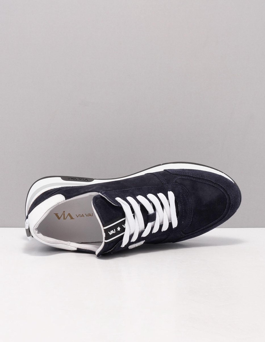 VIA VAI Sneaker Nora Sam Donker Blauw Suede Combi - Bormans Modeschoenen