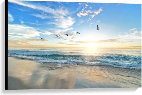 Canvas  - Blauwe Zee met Zon en Vogels - 90x60cm Foto op Canvas Schilderij (Wanddecoratie op Canvas)