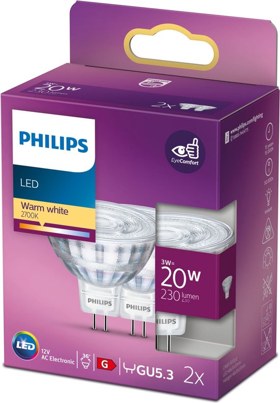 Philips energiezuinige LED Spot - 20 W - GU5.3 - warmwit licht - 2 stuks - Bespaar op energiekosten