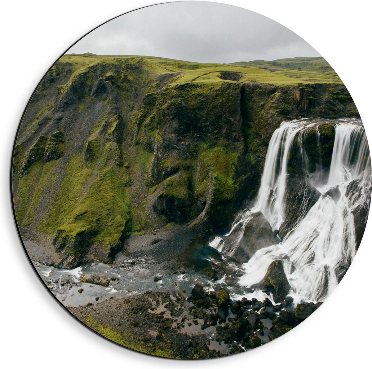 KuijsFotoprint Dibond Wandcirkel - Watervallen bij Begroeide Rotsen - 40x40cm Foto op Aluminium Wandcirkel (met ophangsysteem) Groen