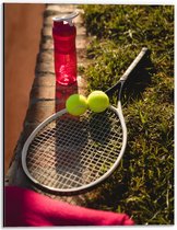 Dibond - Tennisracket met Ballen en Waterfles - 30x40cm Foto op Aluminium (Met Ophangsysteem)