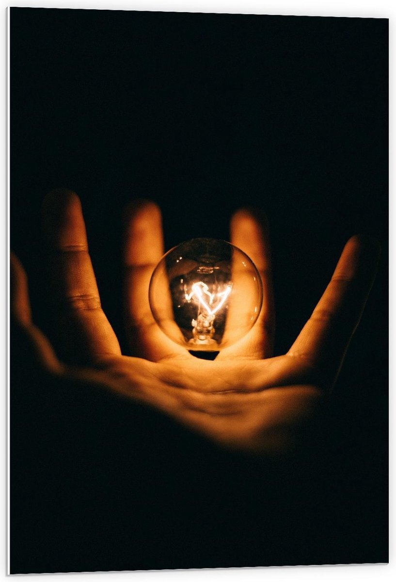 KuijsFotoprint - Schilderij - Lichtgevende Gloeilamp In Handen Met Zwarte Achtergrond - Zw