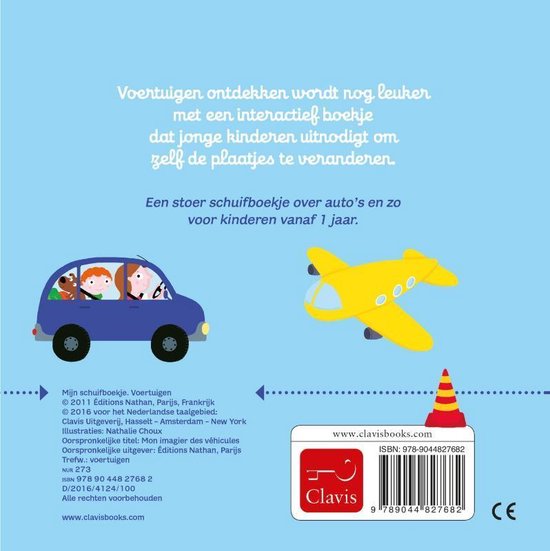 Een blauwe auto met kinderen en een gele vliegtuig, met tekst over het boek 'Mijn schuifboekje Voertuigen'.