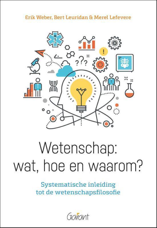 Boekomslag met illustratie van een gloeiende gloeilamp in een hoofd, omringd door wetenschappelijke symbolen en de titel 'Wetenschap: wat, hoe en waarom?'