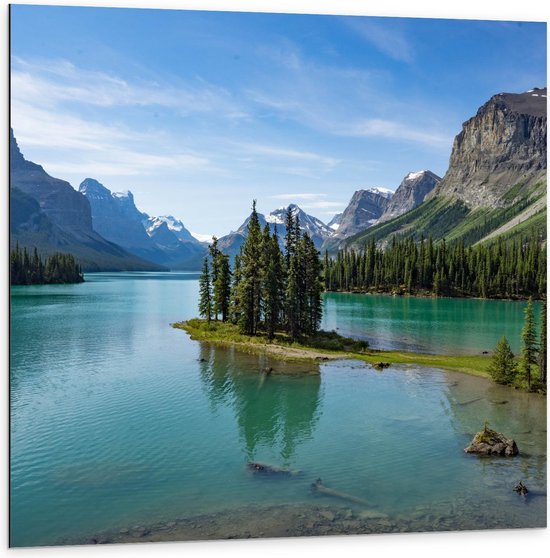 Dibond - Bomen aan het Water bij de Bergen - Foto op Aluminium (Met Ophangsysteem)