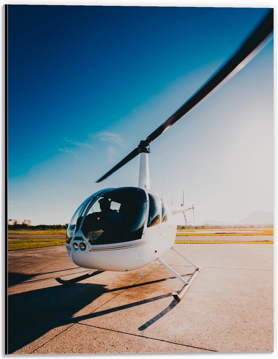 Dibond - Witte Helikopter met Zon  - 30x40cm Foto op Aluminium (Met Ophangsysteem)