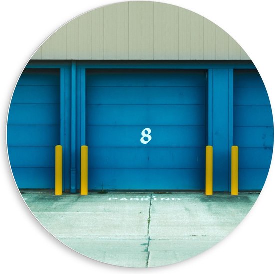 Forex Wandcirkel - Garage Deuren Blauw met Cijfers - 80x80cm Foto op Wandcirkel (met ophangsysteem)