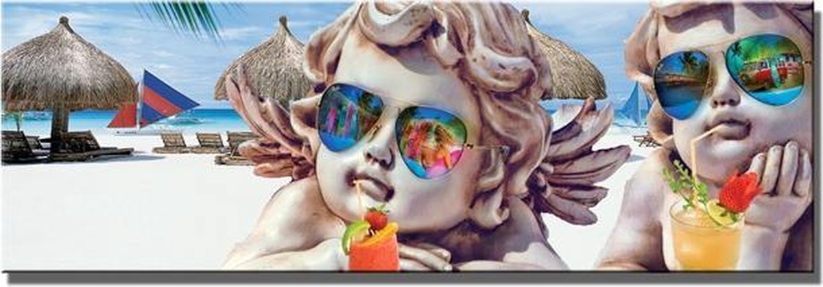 karo-art Schilderij - Lieve engeltjes op het strand, 120x40cm. Incl haakjes om op te hangen Multikleur