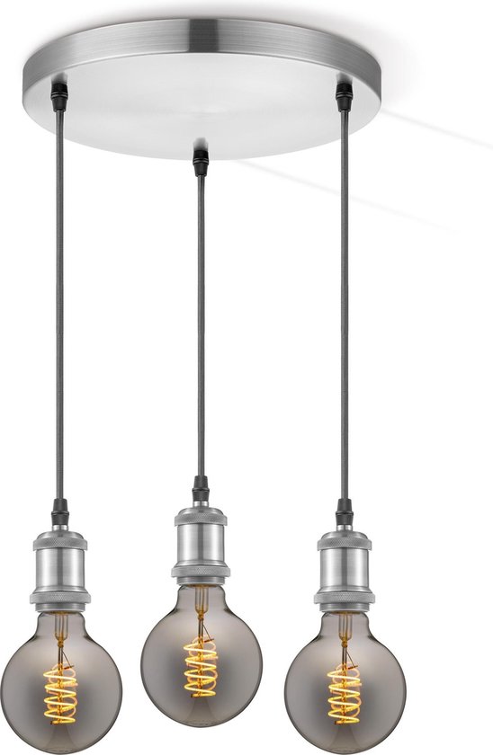 Home Sweet Home hanglamp geborsteld staal vintage rond - hanglamp inclusief 3 LED filament lamp G125 dubbele spiraal - dimbaar - pendel lengte 100 cm - inclusief E27 LED lamp - rook