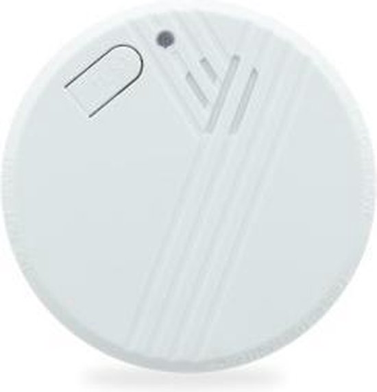 Witte, ronde rookmelder met 'TEST' knop en ventilatiegroeven. Diameter 10cm.