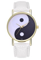 Hidzo Horloge Yin Yang Ø 39 - Wit/Zwart - Kunstleer - In Horlogedoosje