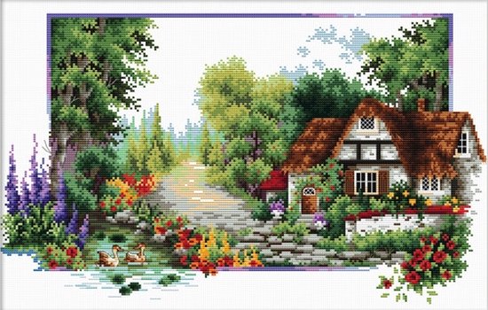 Volledige Borduurpakketen Volwassenen - Voorbedrukt - Hobby en Creatief - Borduurset - Voorbedrukt borduurpakket English Cottage Stream op aida Needleart World 440.042