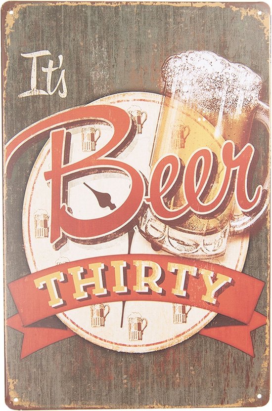 Clayre & Eef Tekstbord 20x30 cm Grijs Rood Ijzer Rechthoek It's Beer Thirty Wandbord