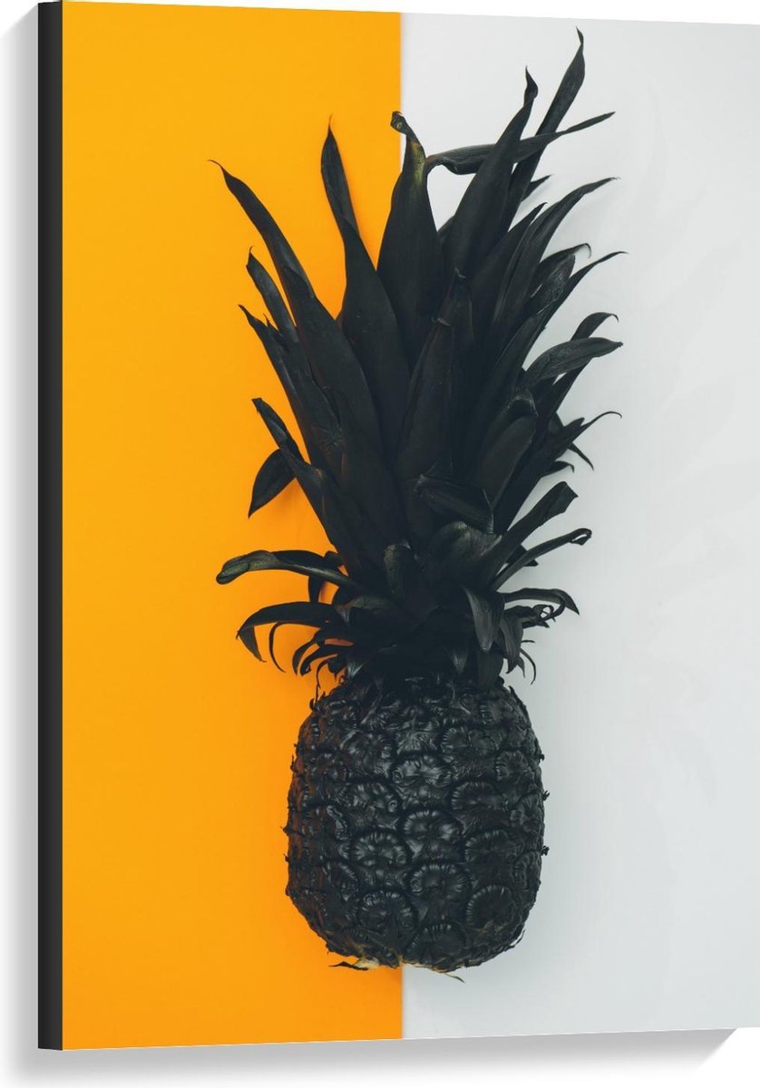 Canvas - Zwarte Ananas met Gele/Witte Achtergrond - 60x90cm Foto op Canvas Schilderij (Wanddecoratie op Canvas)
