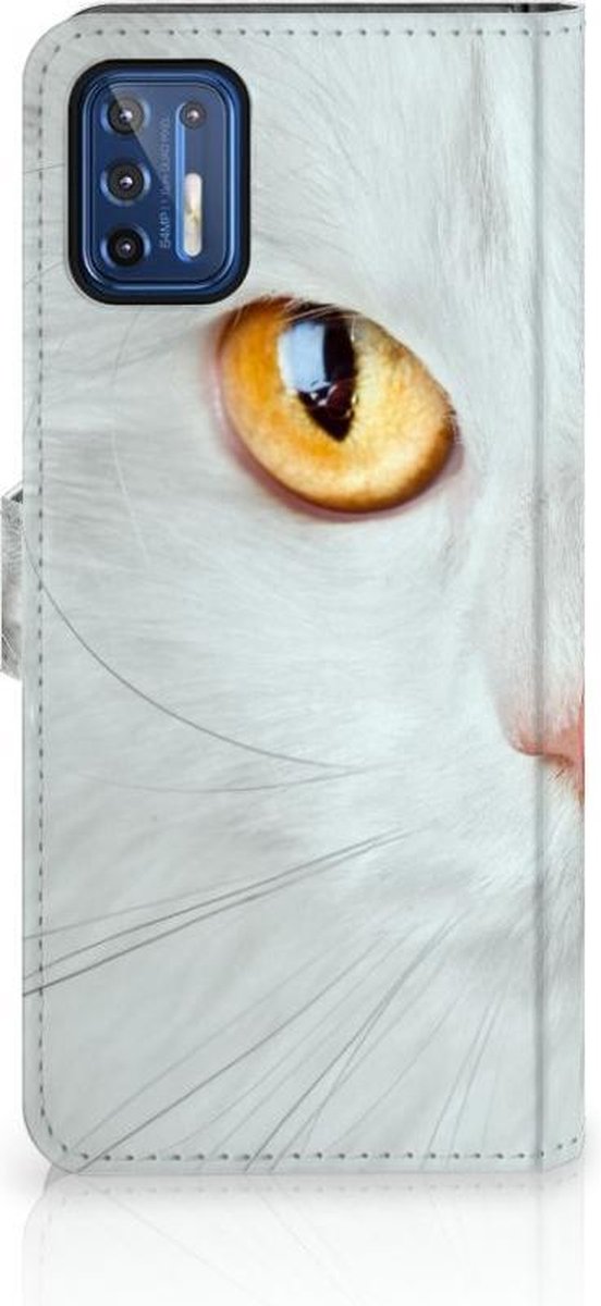 Motorola Moto G9 Plus Telefoonhoesje met Pasjes Witte Kat