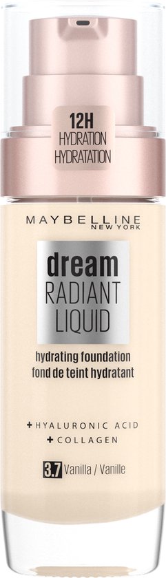 Maybelline Dream Radiant Liquid – 3.7 Vanilla – Foundation Geschikt voor de Droge Huid met Hyaluronzuur – 30 ml