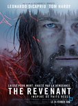 Film poster van 'The Revenant' met de close-up van Leonardo DiCaprio's gezicht en besneeuwde bomen.