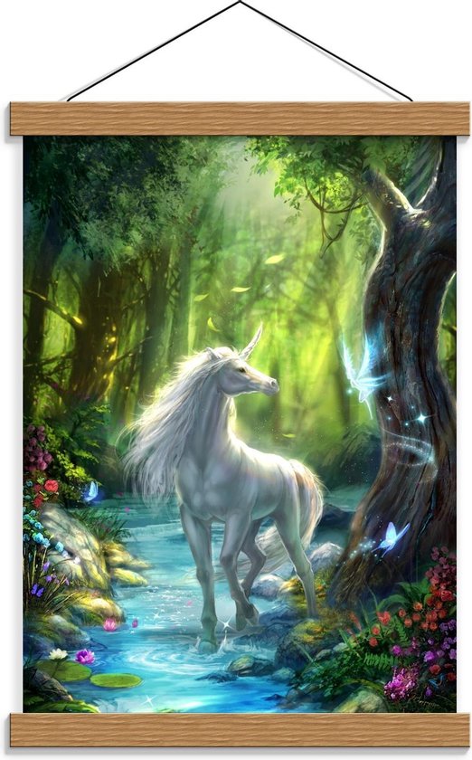 Schoolplaat – Getekende Unicorn in Fantasiebos - 30x40cm Foto op Textielposter (Wanddecoratie op Schoolplaat)