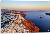 Tuinposter – Santorini Huisjes en Zee - Griekenland - 90x60cm Foto op Tuinposter  (wanddecoratie voor buiten en binnen)